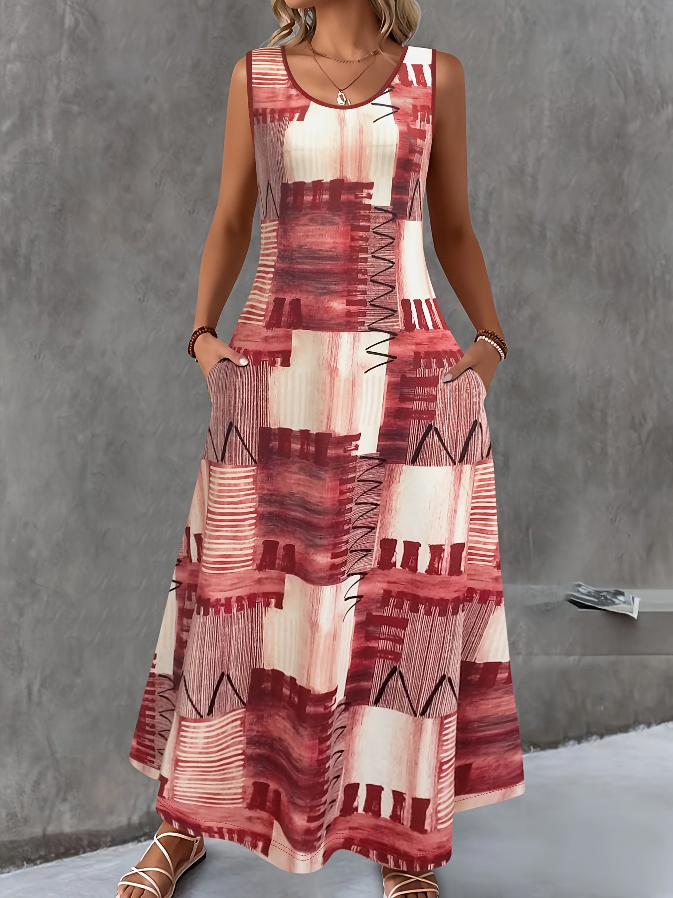 Ladies Plus Size Sleeveless Midi Dress with Pockets - Stylish Colour Block Print, Round Neck, Casual Summer Vest Dress, Medium Stretch Fabric, Elegant Design, Casual Summer Dress | Colour Block Dress | Pocket Dress, Cute Dresses