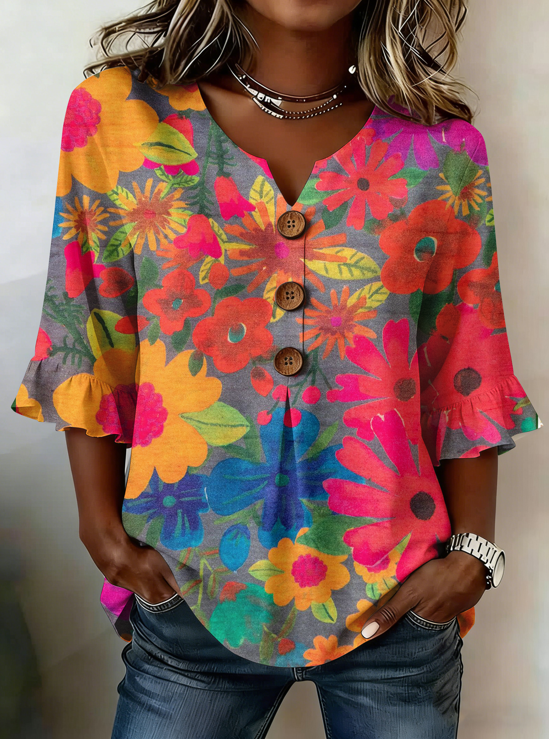 Isla | Floral V-Neck Blouse with Buttons