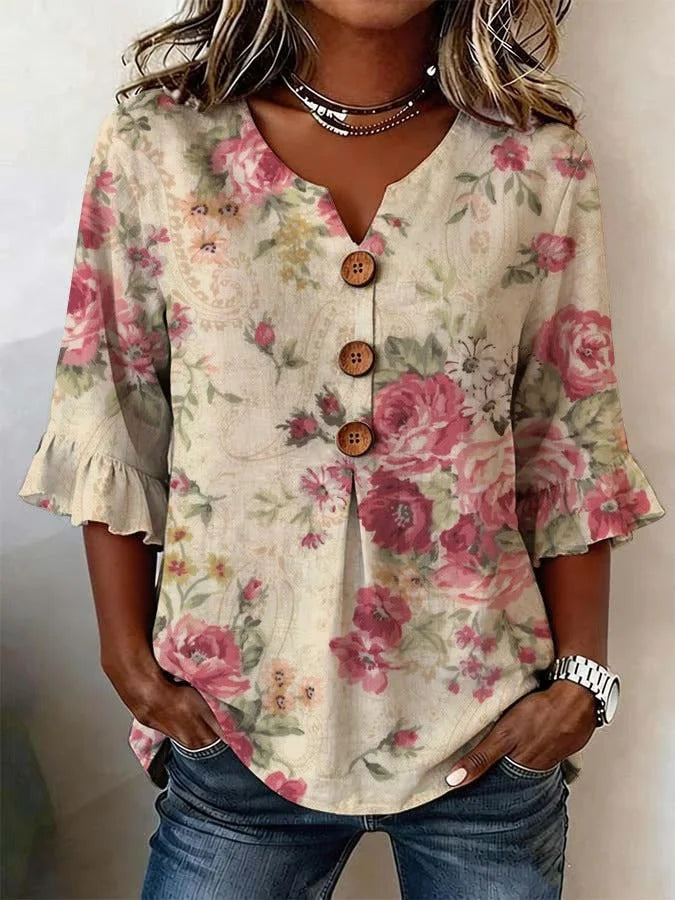 Josephine | Floral V Neck Blouse with Buttons
