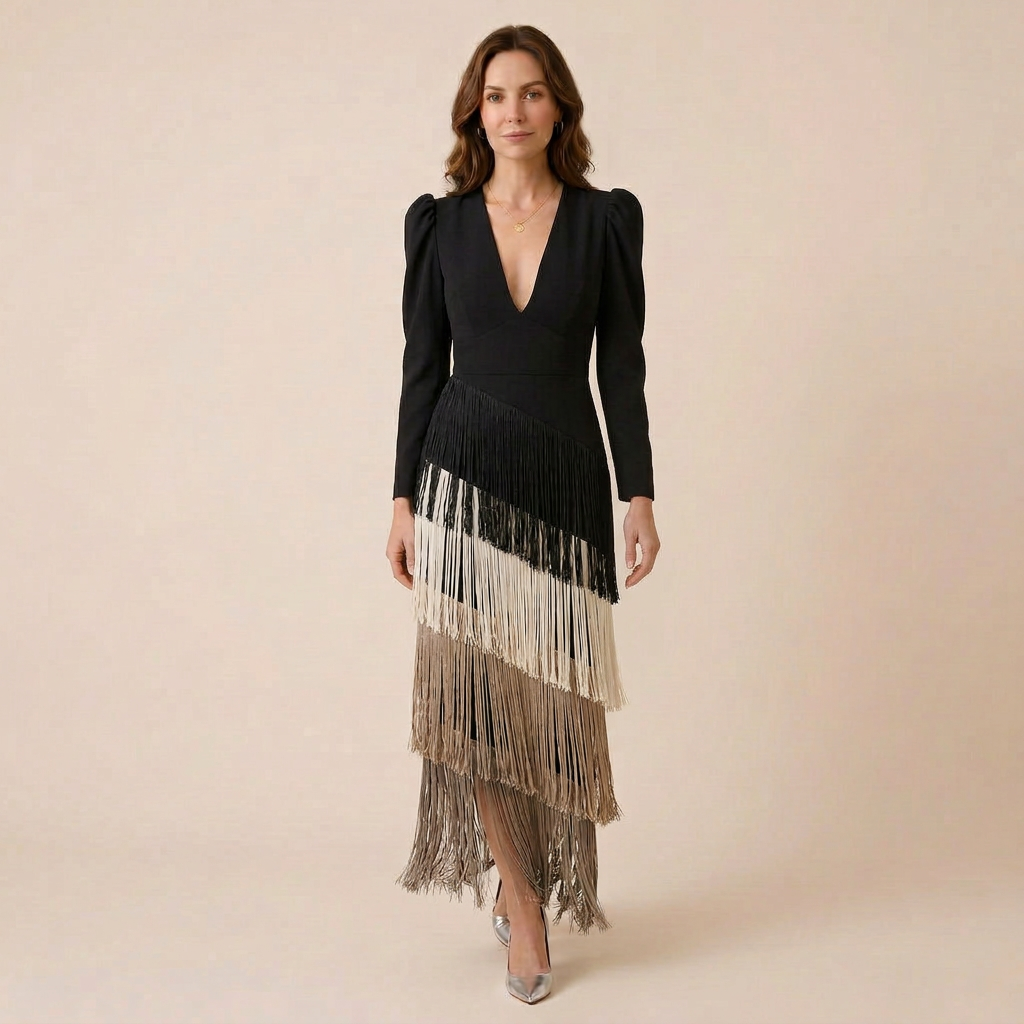 Clara | Fringe Sleeve Midi Dress